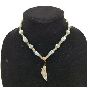 Handmade Beaded Hemp Cord Hippie Necklace with Wire Wrapped Sea Glass Pendant